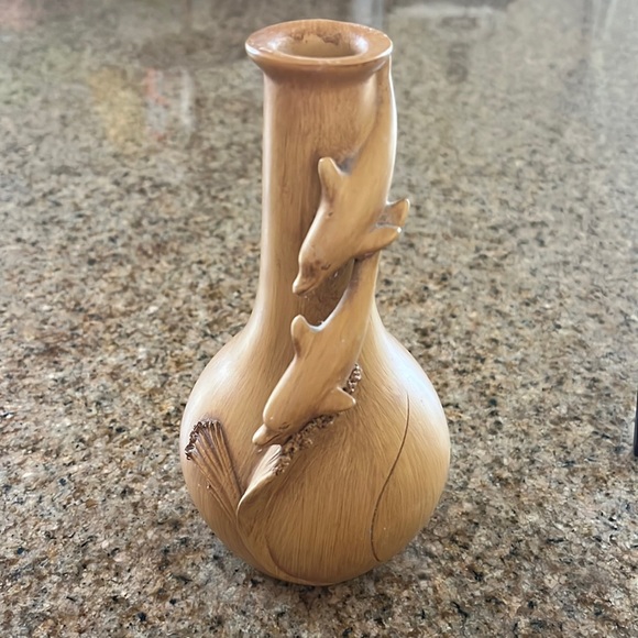 Other - Vintage Dolphin Carved Long Neck Small Bud Vase Brown Ceramic